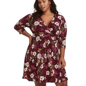 Torrid Burgundy Floral Print Woven Faux Wrap Dress